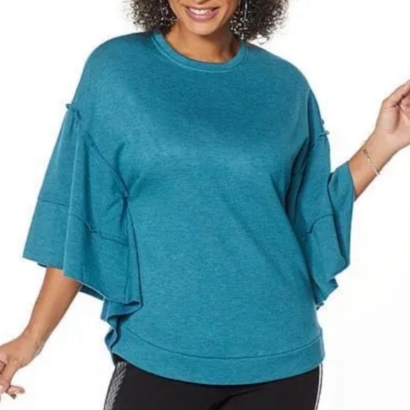DG2 by Diane Gilman Tops - DG2 by Diane Gilman Women’s Teal Green French Ruffled Sweatshirt Size Medium NWT